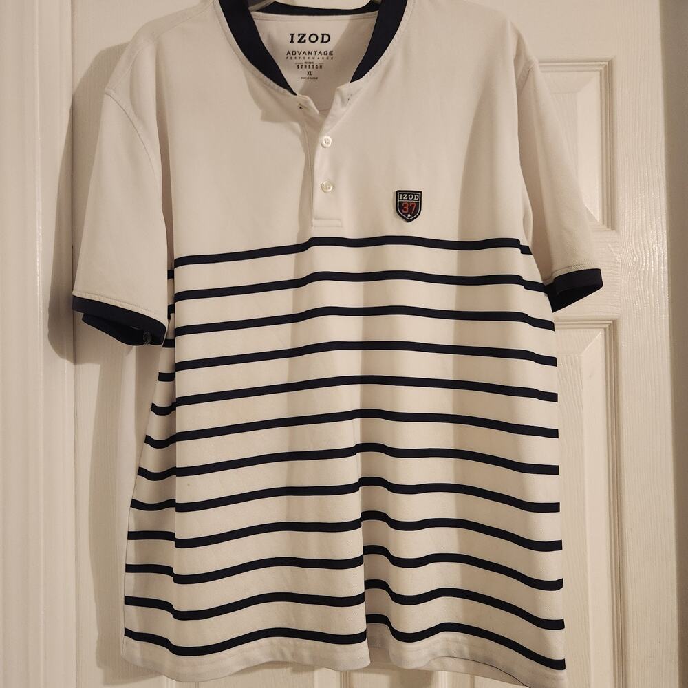 Izod Mens Shirt. Collarless. Short Sleeve. White With Dk Blue Striped. XL